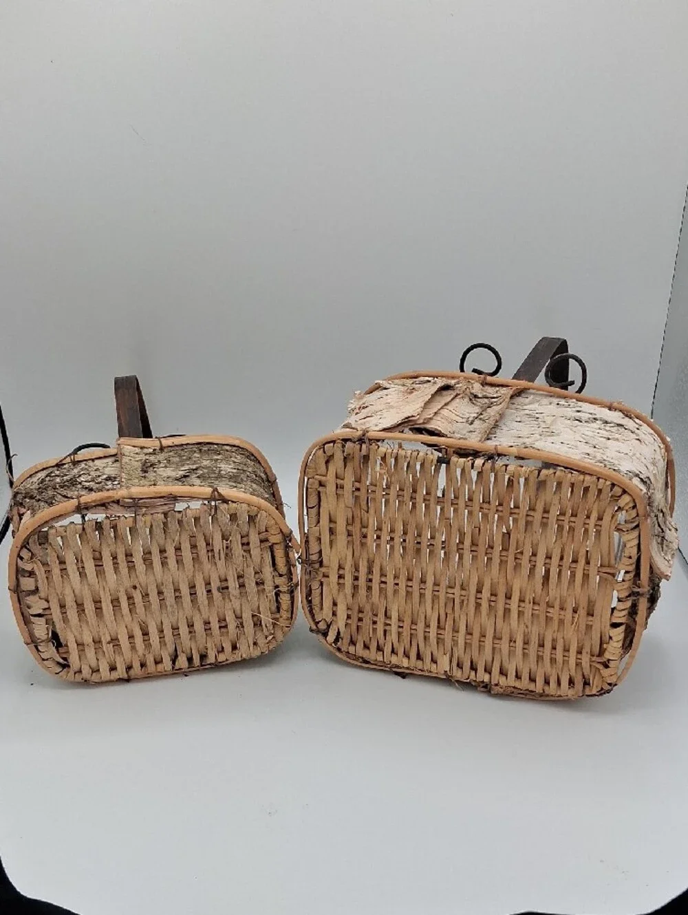 Rustic Birch Bark Baskets with Curled Metal Handle